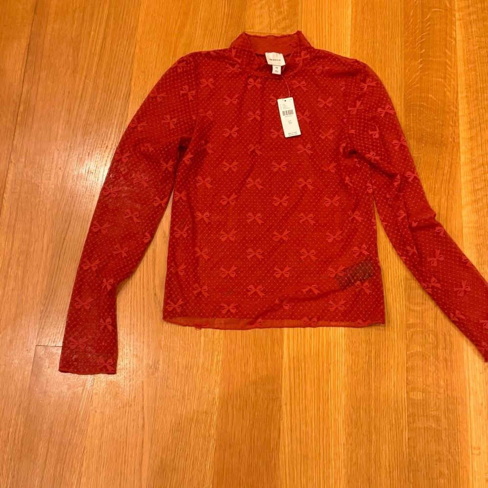 ANTHROPOLOGIE Maeve Red Lacey Sheer Blouse With Bows Size X Small New With Tags